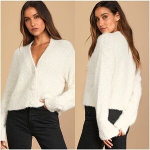 LULU’S Keep Me Bundled Cream Fuzzy Knit Cardigan